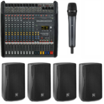 Middel (50-150 personen) – 4 speakers, draadloze microfoon, mengpaneel en bekabeling.